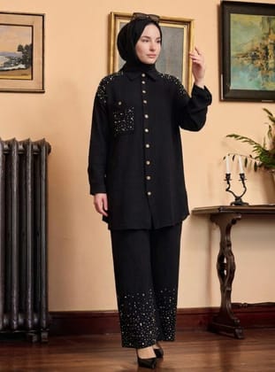 Black - Unlined - Cuban Collar - Suit - MODANURSEDA