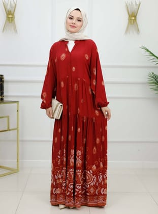 Burgundy - Crew neck - Unlined - Modest Dress - MODANURSEDA