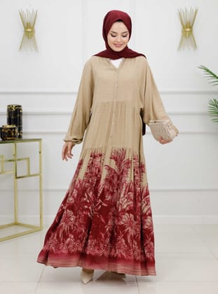 Burgundy - Crew neck - Unlined - Modest Dress - MODANURSEDA