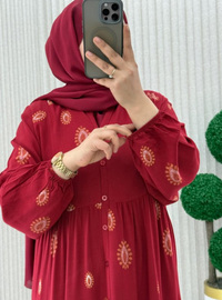 Etnik Desenli Tesettür Elbise - Bordo