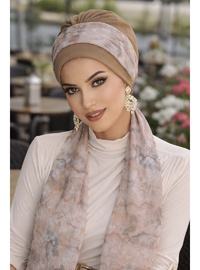 Bej Ebruli Desen Fularlı Bone
