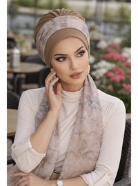 Bej Ebruli Desen Fularlı Bone